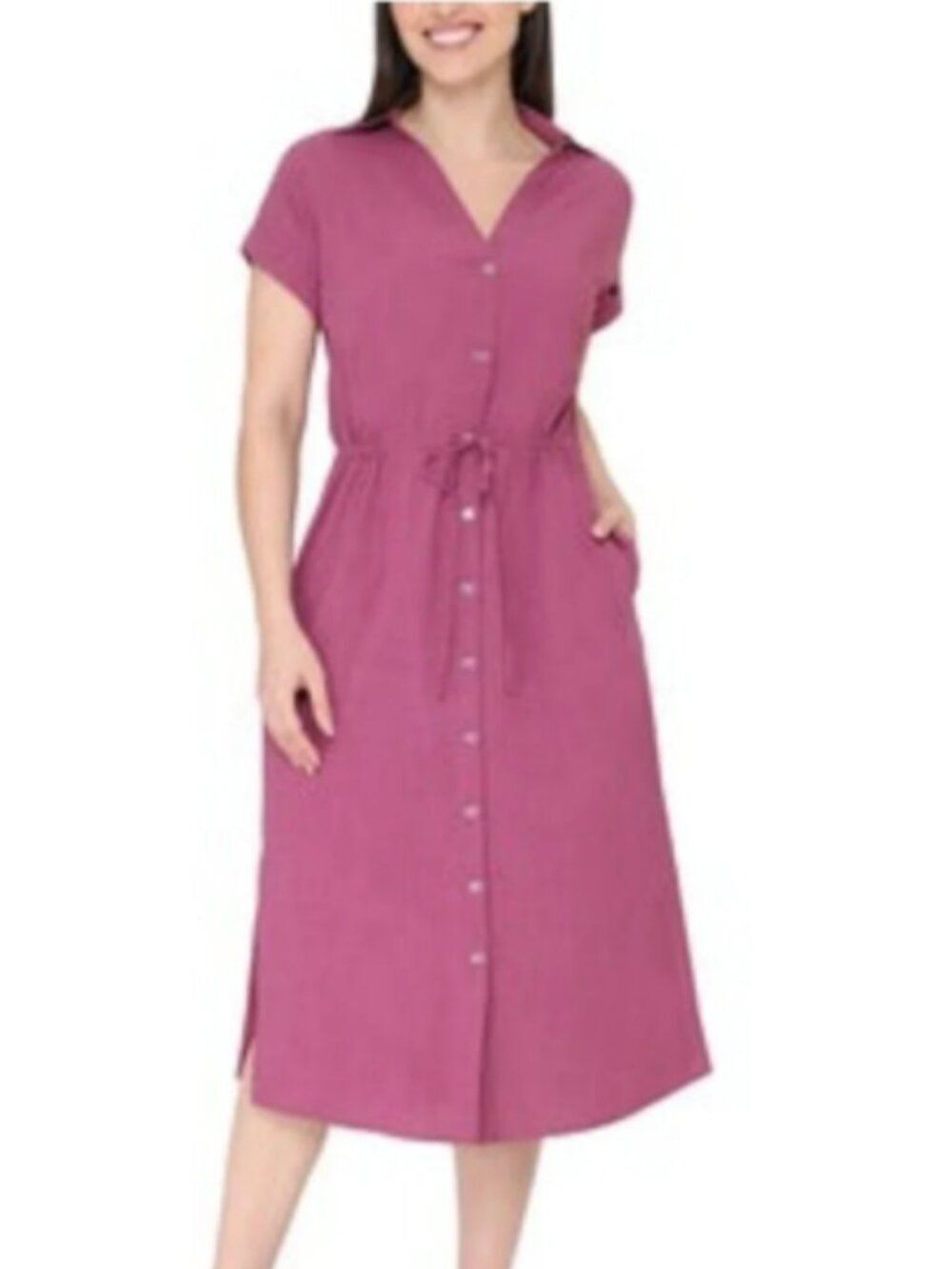 BADGLEY MISCHKA Jewel Magenta Button-Front Drawstring Midi Dress X-Large Collar